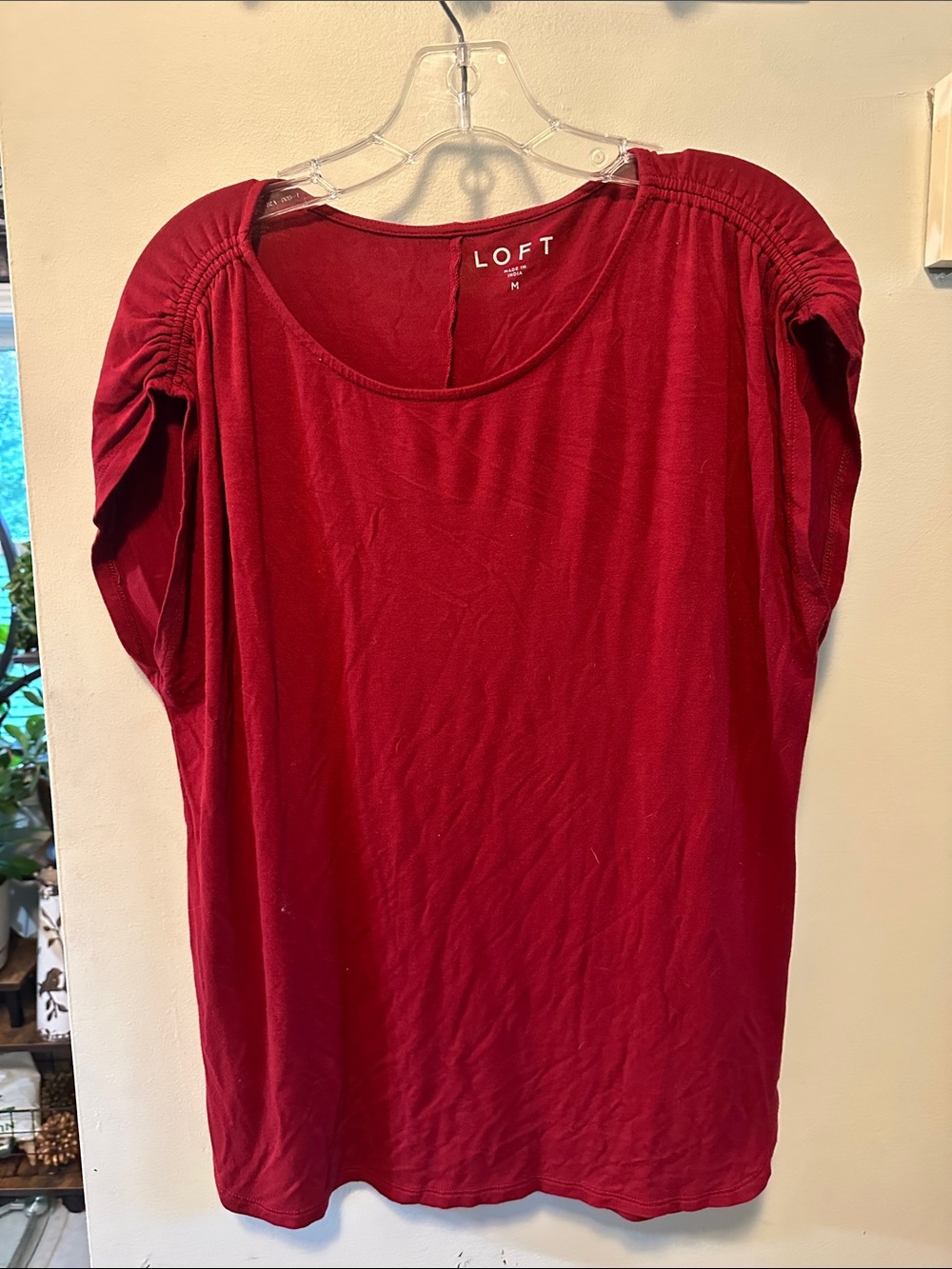 LOFT Ruby Red Short-Sleeve Ruched Shoulder Tee